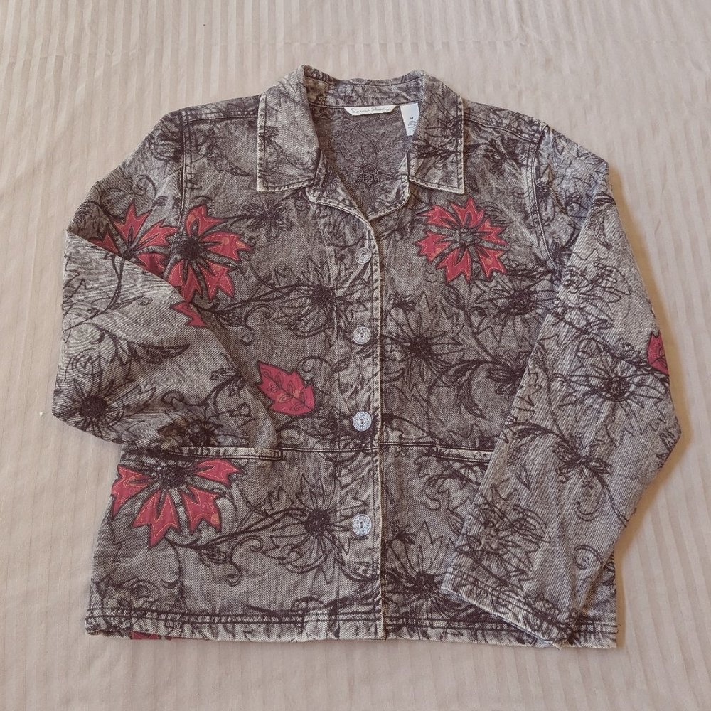 FRENCH LAUNDRY Black Wash Boho Denim Jacket Floral Embroidery
